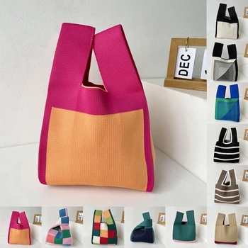 Женская сумочка ручной вязки ручной работы, мини-сумка на запястье, японская повседневная цветная сумка в широкую полоску, студенческие сумки для покупок многоразового использования