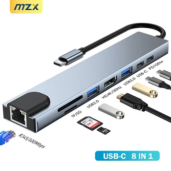 Док-станция MZX 8-в-1 USB-C USB Hub 3 0 Концентратор 4K HDMI-Совместимый HDTV 100M RJ45 Устройство чтения карт SD TF Type C 3.0 Док-станция
