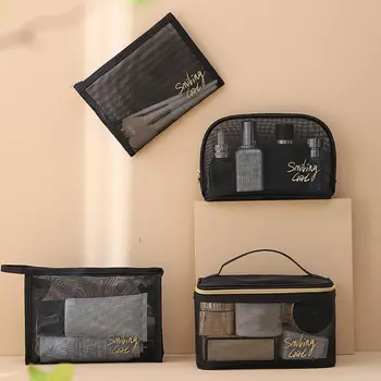 Женская мода для путешествий, черная сетчатая сумка для мытья большой емкости, сумка для туалетных принадлежностей, косметический органайзер, косметичка для хранения косметики, косметичка для макияжа