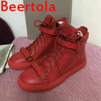 2021 Beertola/ Мужские лоферы с украшением в виде кристаллов, мужская повседневная обувь красного цвета, вечерние туфли на плоской подошве, уличные кроссовки на молнии и шнуровке