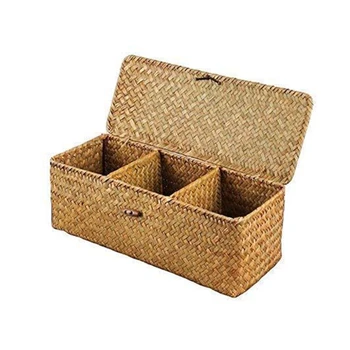 Прямоугольная корзина ручной работы, настольный ящик для хранения из натурального бамбука, 3-слотный органайзер для мелочей, косметический контейнер.