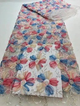 Модная Африканская сетчатая ткань с блестками, 3D Цветочный тюль, вышитая ткань, роскошное Французское сетчатое кружево ручной работы в Нигерийском стиле для свадьбы