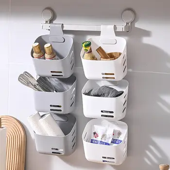 Настенная корзина для хранения без перфорации С крючком, Квадратная вешалка для мытья в ванной, Бытовая пластиковая вешалка для хранения, Кухонный органайзер