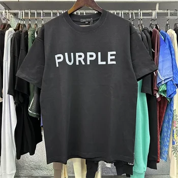 Высокое качество 1: 1 
 Фиолетовая простая черно-белая футболка с буквенным принтом из чистого хлопка с круглым вырезом, повседневная модная футболка с коротким рукавом