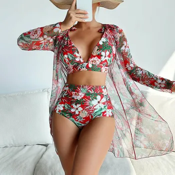 Сексуальные комплекты бикини, женский купальник Пуш-ап с цветочным принтом, пляжная одежда с V-образным вырезом, сетчатая накидка, пляжные костюмы 2024, купальный костюм