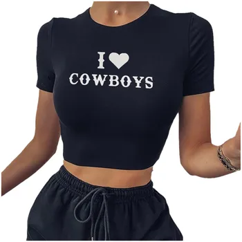 Женский черный укороченный топ, Короткая рубашка I LOVE COWBOYS, Женская футболка, Летняя хлопковая футболка