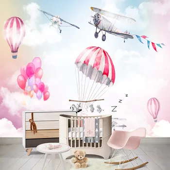 Мультяшное Розовое облако, Воздушный тропический воздушный шар, самолет, Индивидуальные 3D настенные детские обои, самоклеящиеся обои, гостиная,