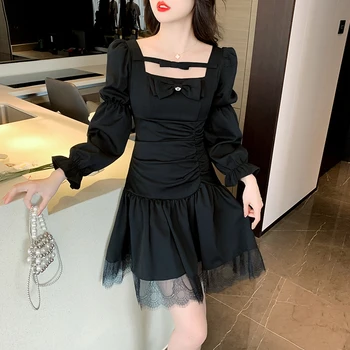 Слегка миловидный черный Цяо, черная короткая юбка в стиле ретро с длинным рукавом для женщин, осеннее новое платье 2023 г.
