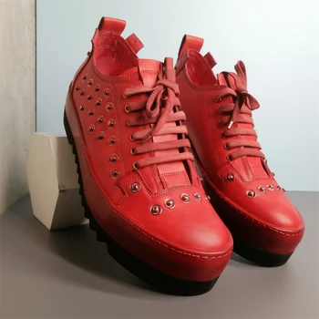 Повседневные Мужские туфли-Оксфорды Красного цвета На шнуровке, Zapatillas Hombre, Классические Модельные туфли в стиле Панк На плоской подошве E50