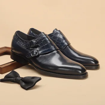 Новые весенне-осенние мужские туфли-оксфорды на плоской подошве ручной работы из доры/синей натуральной кожи с резьбой