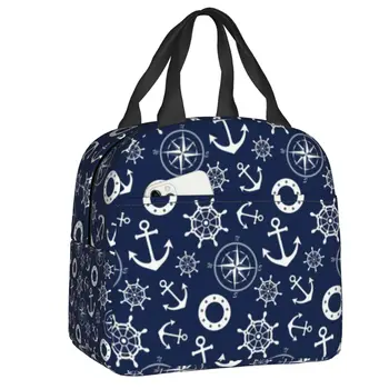 Темно-синяя утепленная сумка для ланча с якорями в морском стиле для кемпинга, путешествий, водонепроницаемый холодильник, термосумка для ланча, женские детские сумки для еды